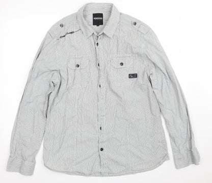 Preloved Peacocks Mens White Striped Cotton  Button-Up Size L Collared Button - Front