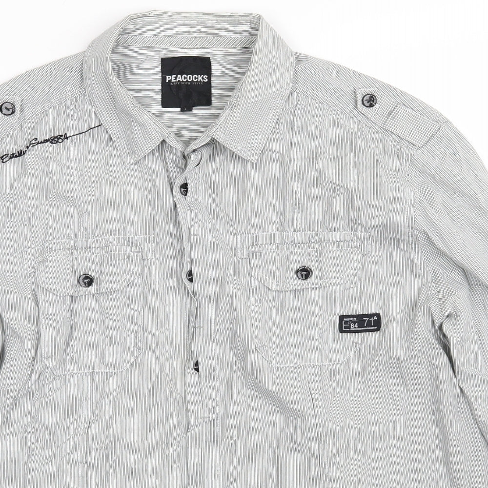 Peacocks Mens White Striped Cotton  Button-Up Size L Collared Button