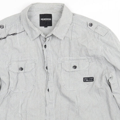 Preloved Peacocks Mens White Striped Cotton  Button-Up Size L Collared Button - Detail