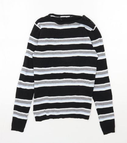 Preworn Womens Black Round Neck Striped Cotton Pullover Jumper Size 8