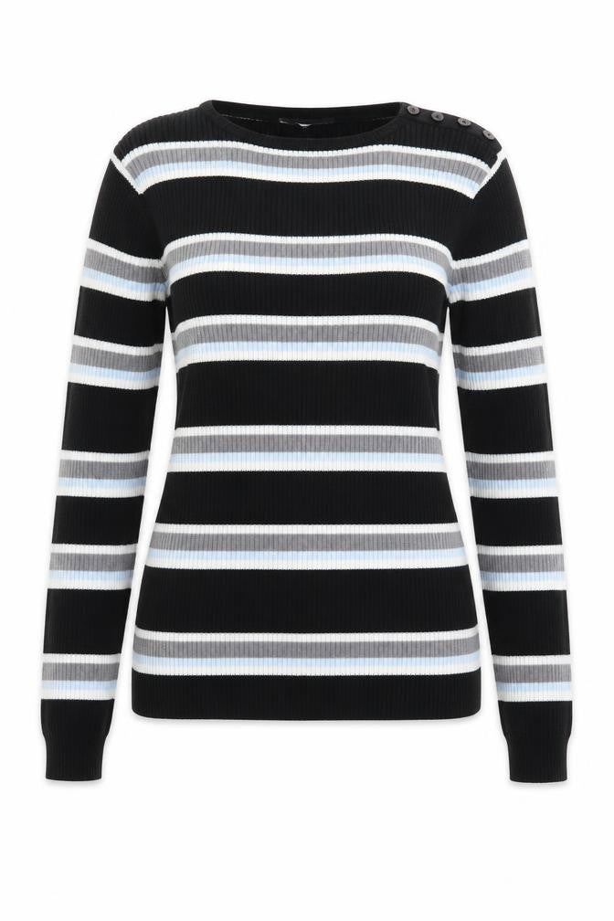 Preworn Womens Black Round Neck Striped Cotton Pullover Jumper Size 8
