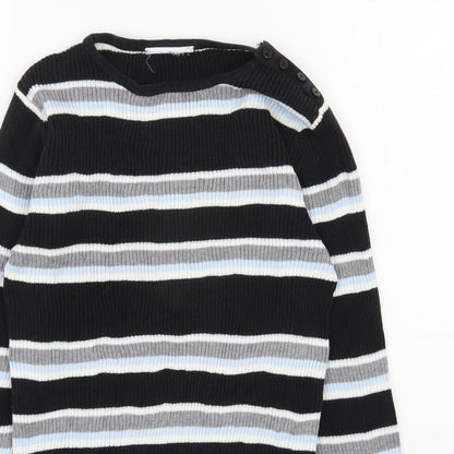 Preworn Womens Black Round Neck Striped Cotton Pullover Jumper Size 8