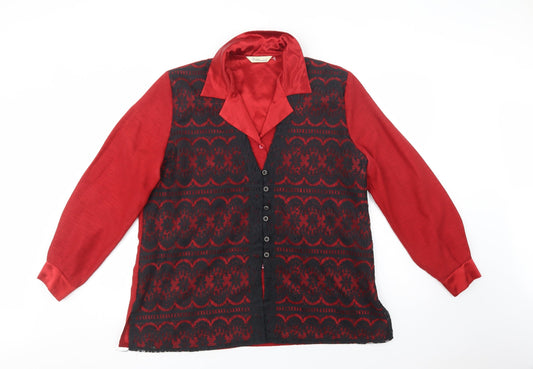 Designer Essentials Womens Red  Polyester Basic Button-Up Size 18 Collared - Lace Overlay