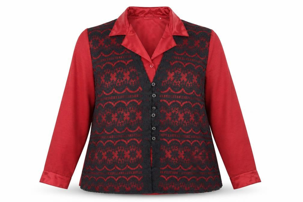 Designer Essentials Womens Red  Polyester Basic Button-Up Size 18 Collared - Lace Overlay
