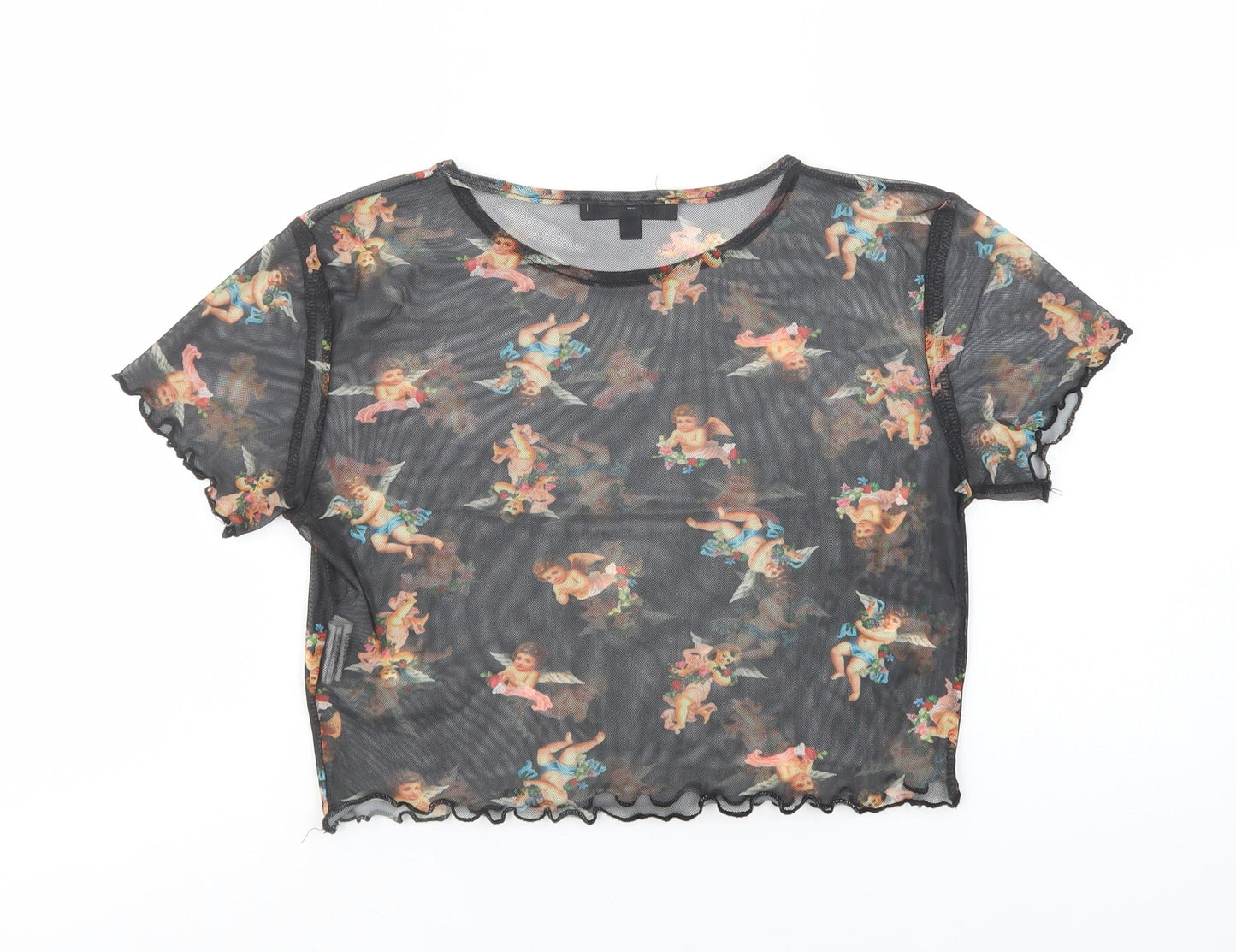 Missguided Womens Black Geometric Polyester Cropped Blouse Size 8 Crew Neck - Cherub Print