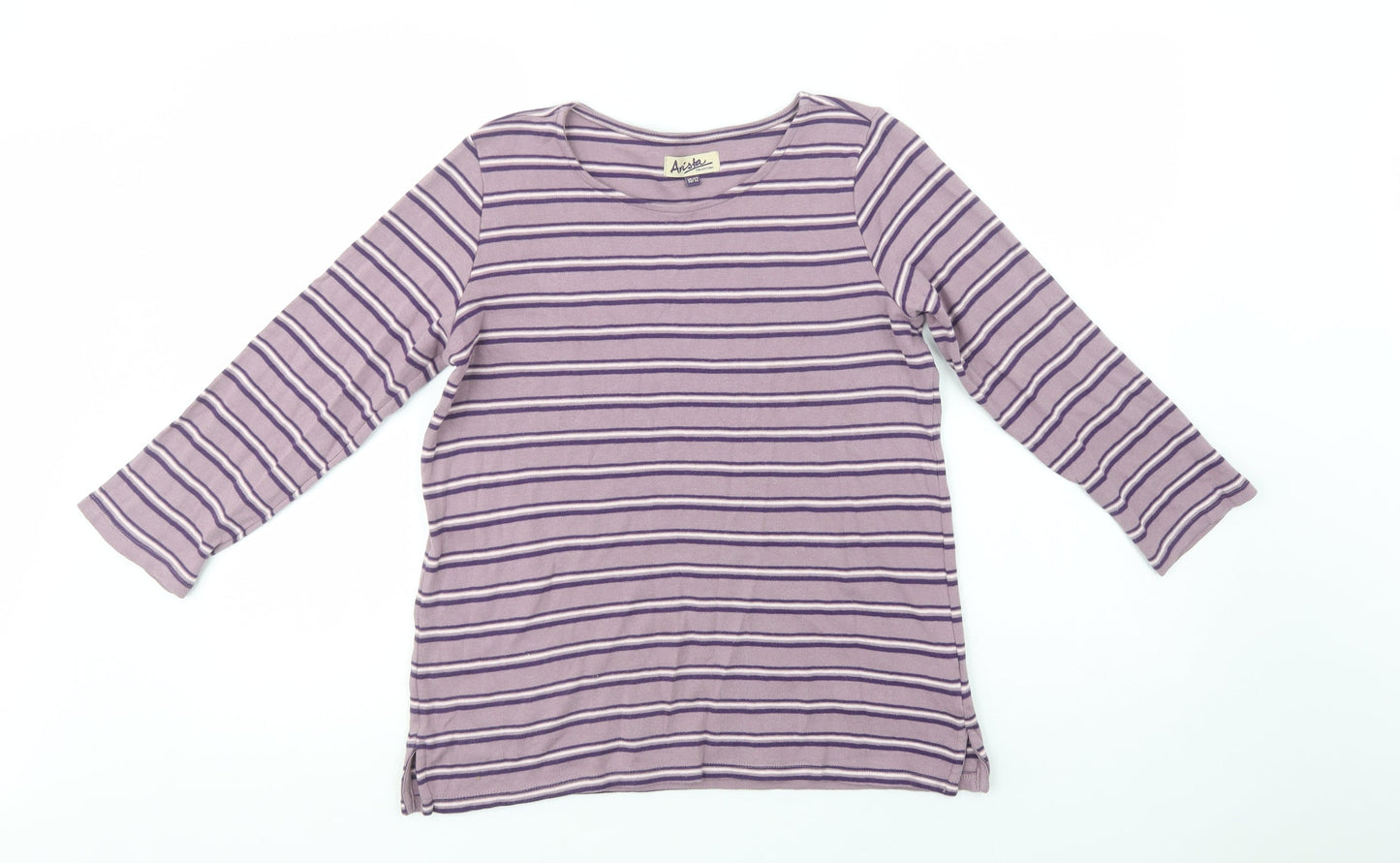 Arista Womens Purple Striped Cotton Basic T-Shirt Size 10 Crew Neck