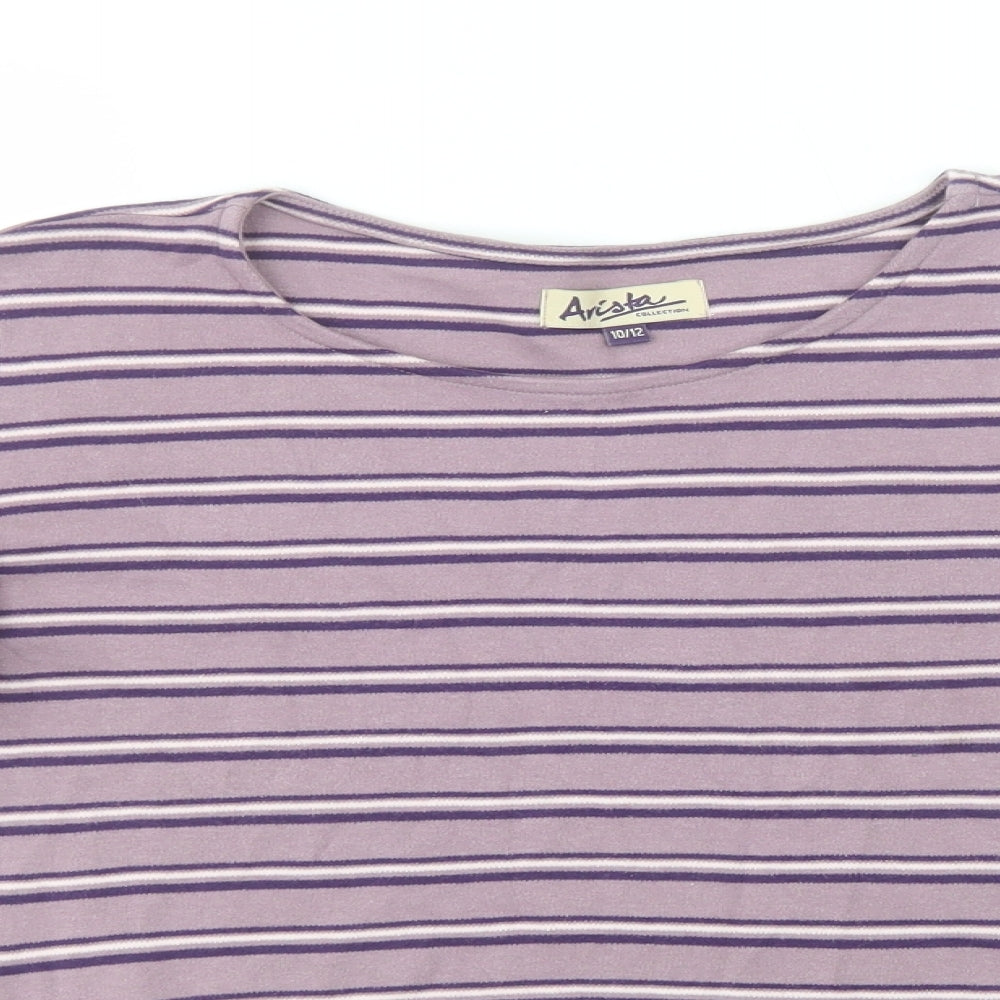 Arista Womens Purple Striped Cotton Basic T-Shirt Size 10 Crew Neck