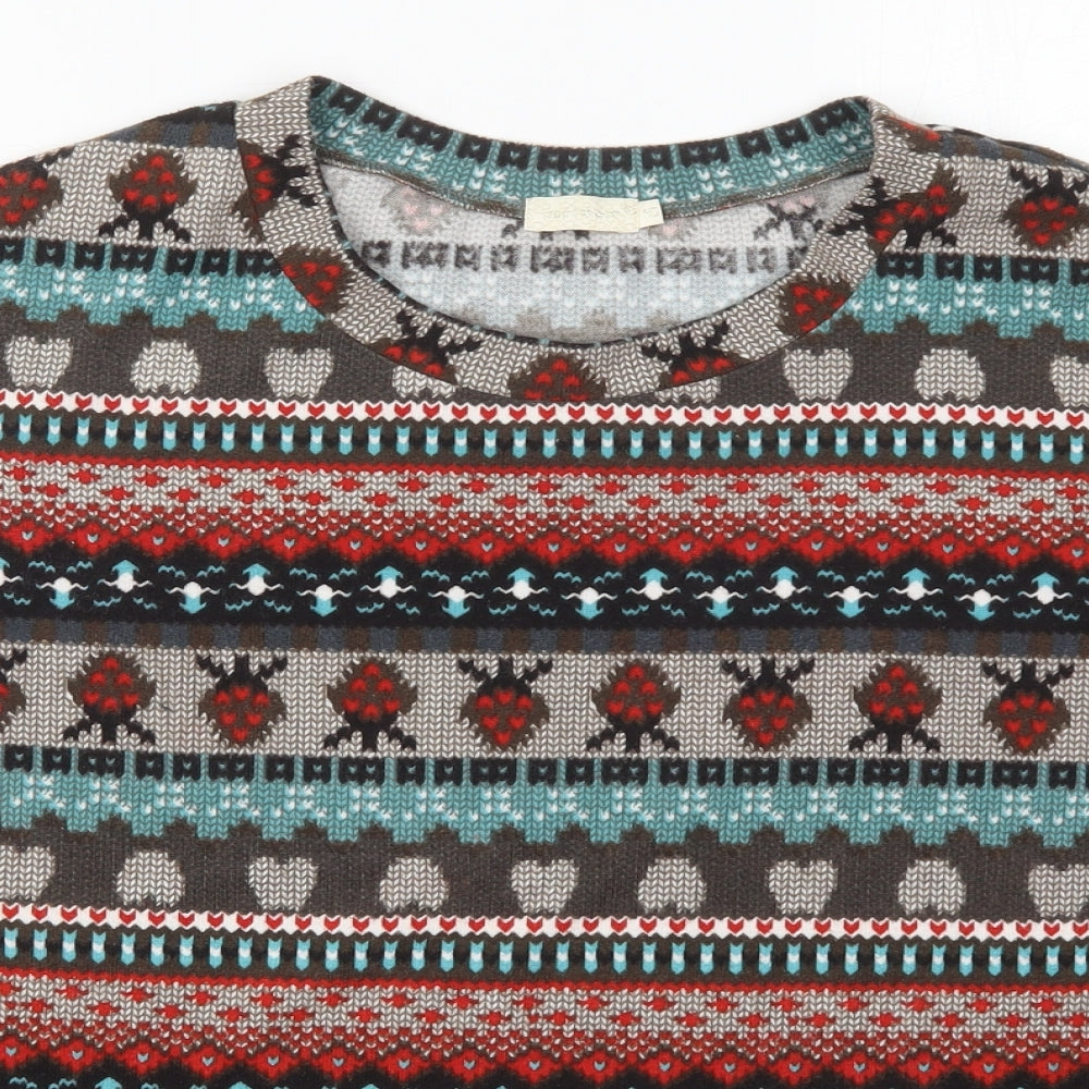 QED London Womens Brown Geometric Polyester Basic T-Shirt Size 10 Crew Neck