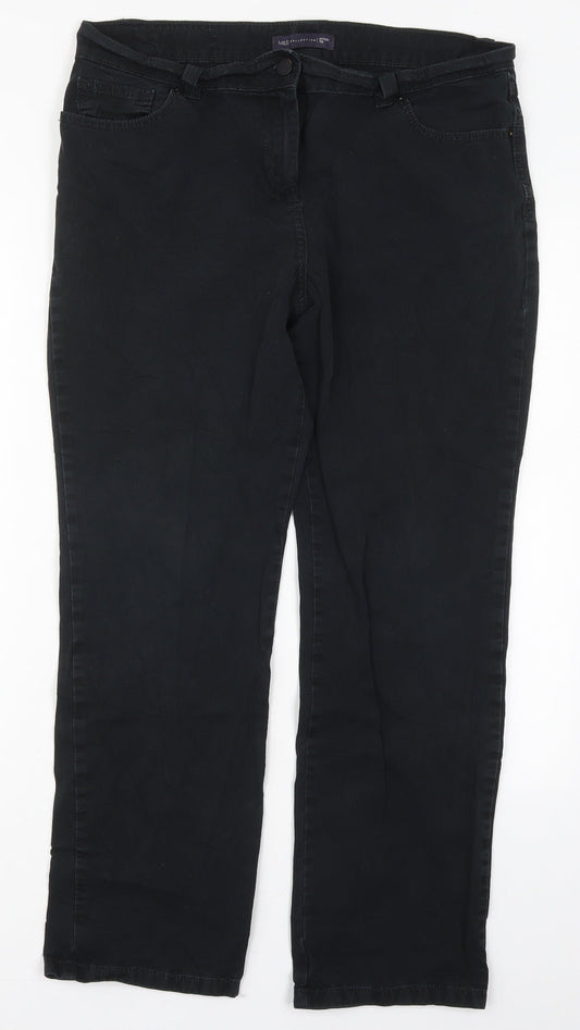 Marks and Spencer Womens Black  Cotton Trousers  Size 14 L27 in Regular Button