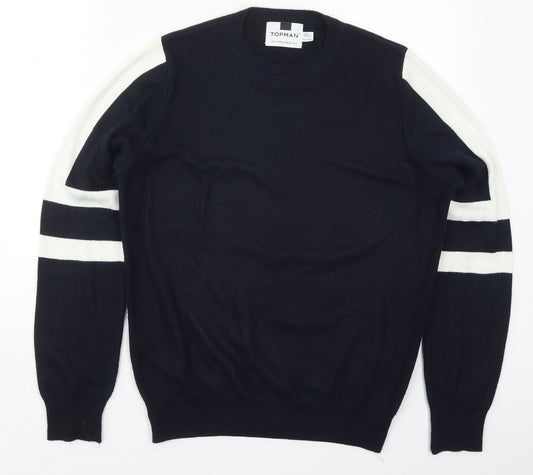 Topman Mens Blue Crew Neck Striped Acrylic Pullover Jumper Size S
