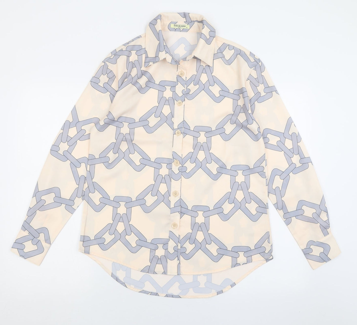 Drole de copine Womens Beige Geometric Polyester Basic Button-Up Size S Collared