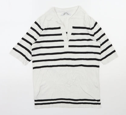 Next Womens White V-Neck Striped Nylon Pullover Jumper Size 6