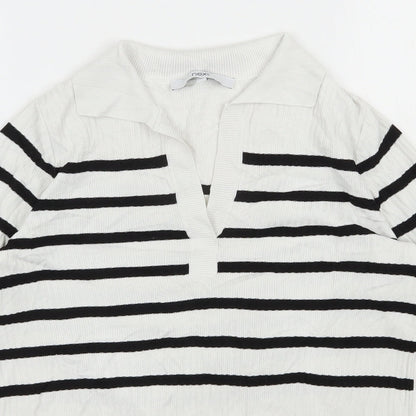 Next Womens White V-Neck Striped Nylon Pullover Jumper Size 6