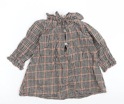 Next Girls Brown Check Cotton A-Line  Size 6-9 Months  Collared Button