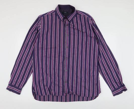 NEXT Mens Purple Striped Cotton  Button-Up Size L Collared Button