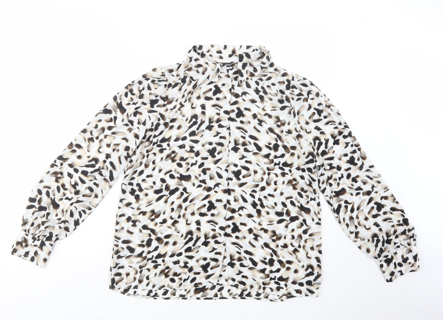 Dunnes Stores Womens White Animal Print Polyester Basic Button-Up Size 12 Collared