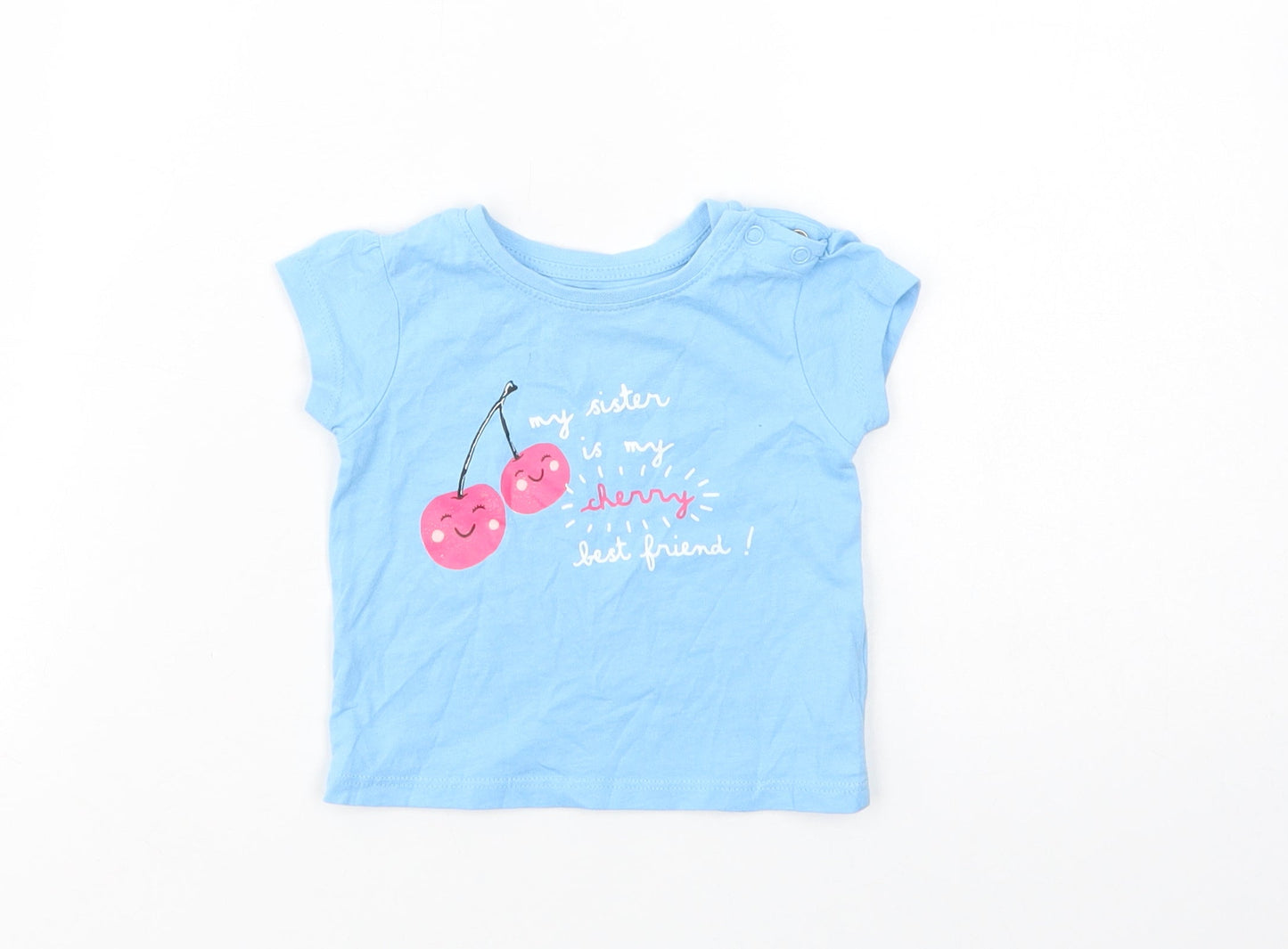 Primark Baby Blue  Cotton Basic T-Shirt Size 3-6 Months Crew Neck Snap - Cherry