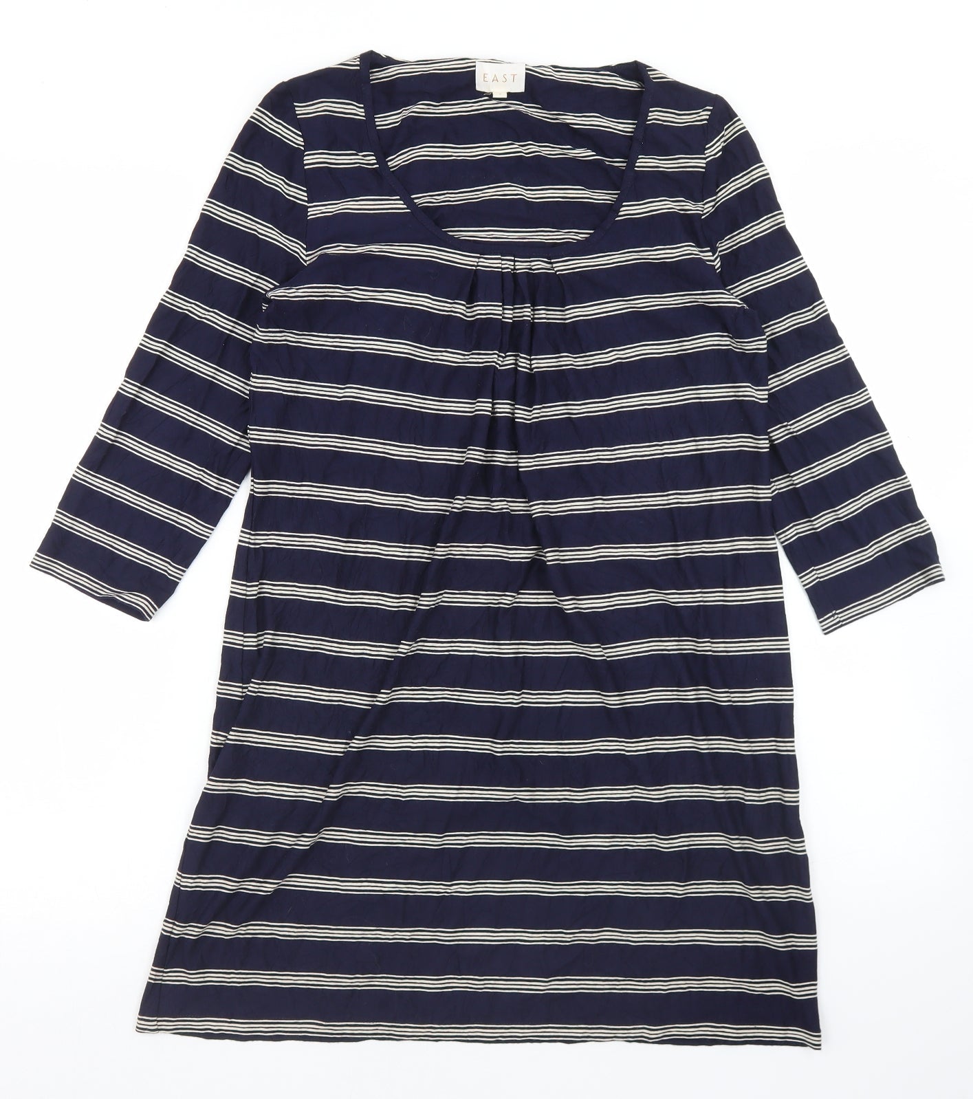EAST Womens Blue Striped Viscose Tunic T-Shirt Size 8 Scoop Neck
