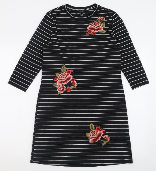 New Look Womens Black Striped Polyester A-Line  Size 8  Crew Neck Pullover