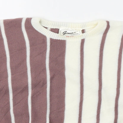 Genetics Womens White Round Neck Striped Acrylic Pullover Jumper Size 14