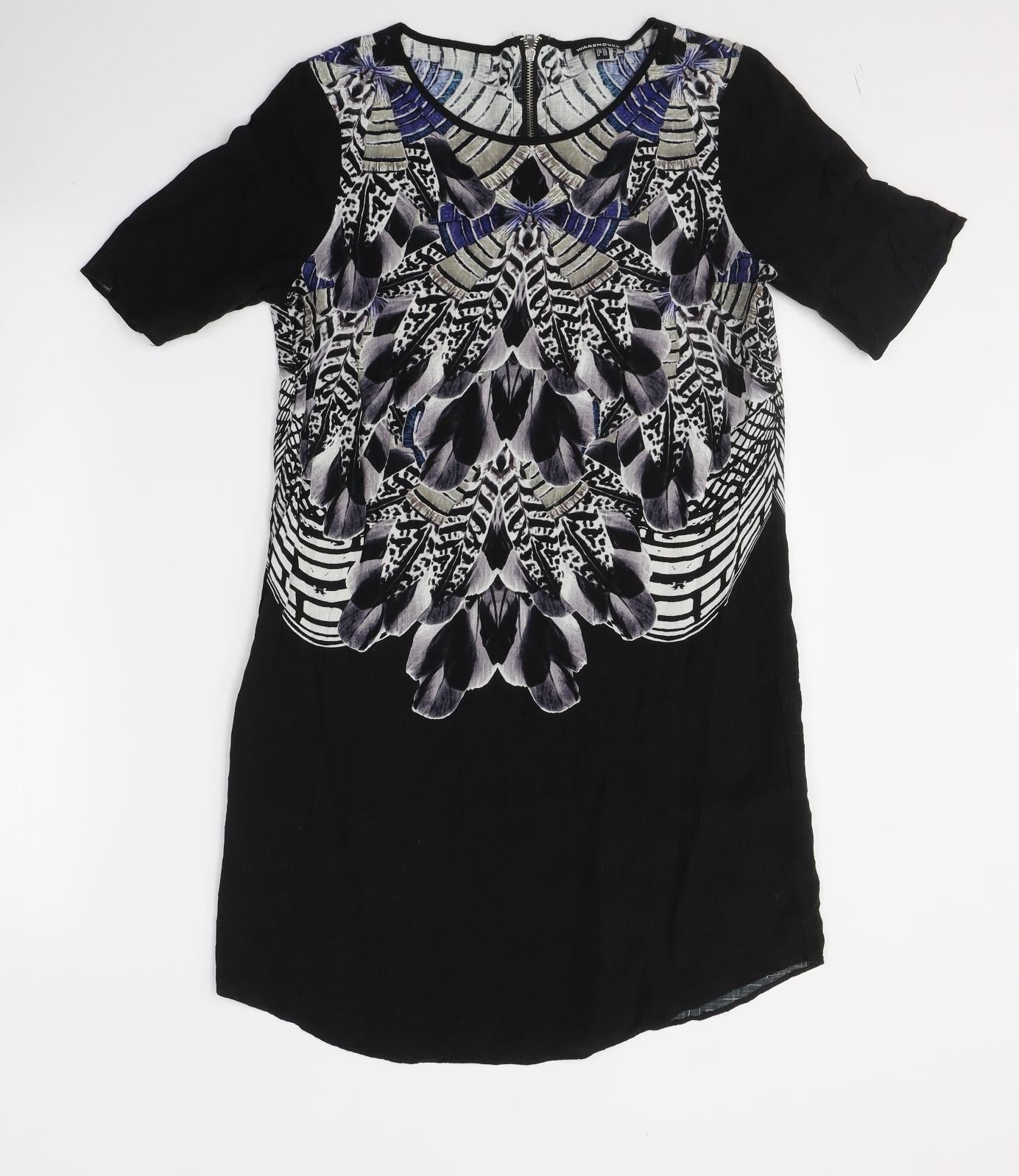 Warehouse Womens Black Geometric Viscose A-Line  Size 10  Round Neck Zip