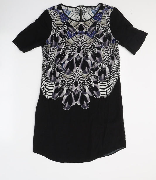 Warehouse Womens Black Geometric Viscose A-Line  Size 10  Round Neck Zip
