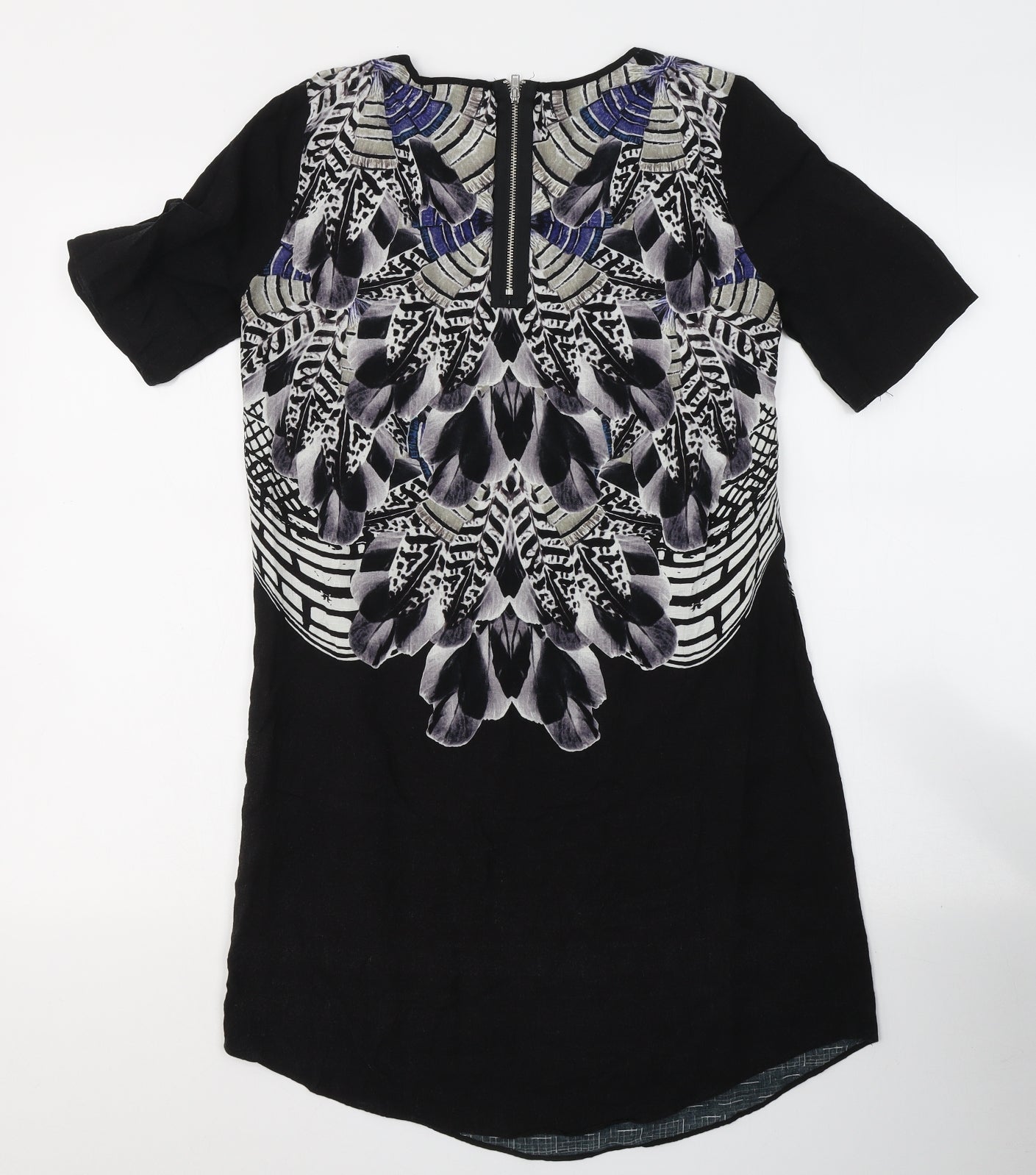 Warehouse Womens Black Geometric Viscose A-Line  Size 10  Round Neck Zip