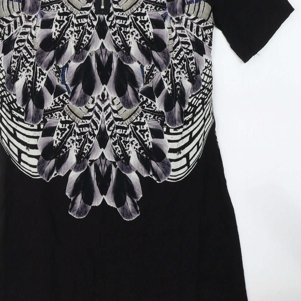 Warehouse Womens Black Geometric Viscose A-Line  Size 10  Round Neck Zip