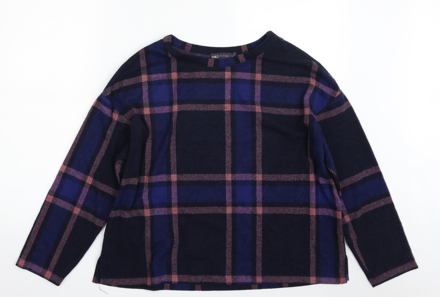 Marks and Spencer Womens Blue Plaid Polyester Pullover Sweatshirt Size 16   - Cropped