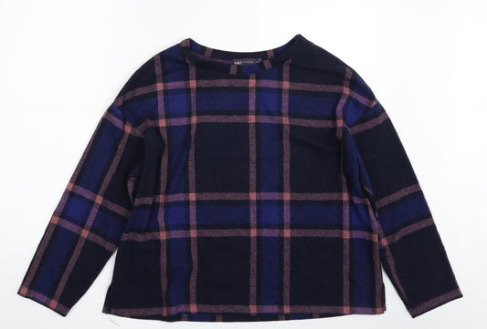 Marks and Spencer Womens Blue Plaid Polyester Pullover Sweatshirt Size 16   - Cropped