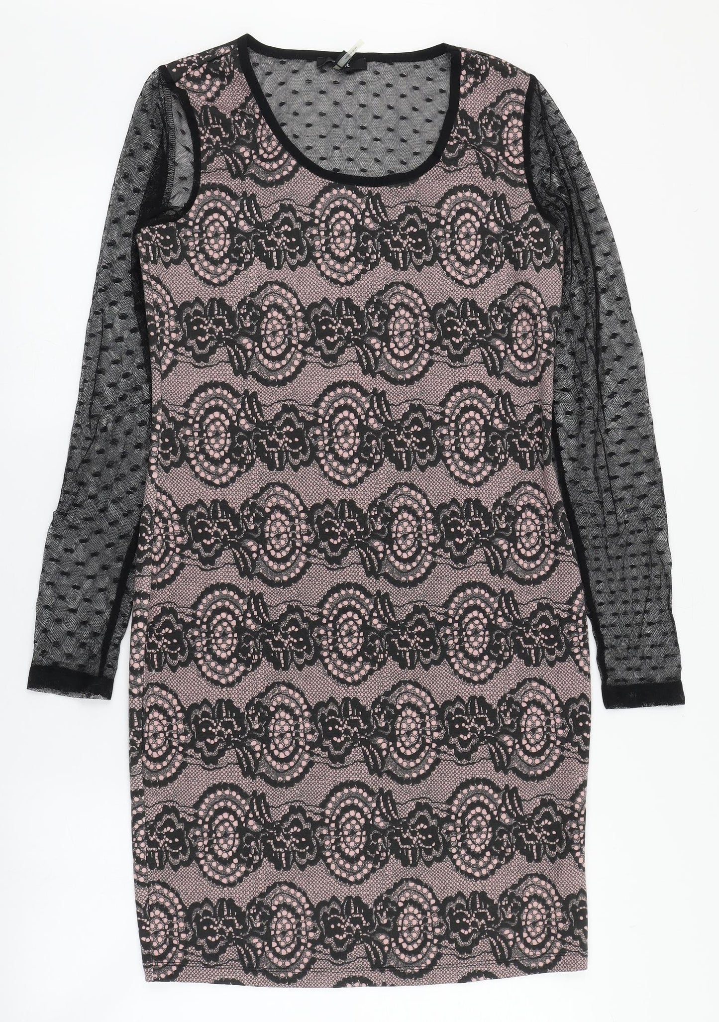 Yest Womens Black Geometric Polyester Pencil Dress  Size 8  Round Neck Pullover - Mesh sleeves