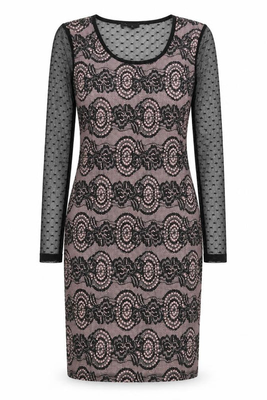 Yest Womens Black Geometric Polyester Pencil Dress  Size 8  Round Neck Pullover - Mesh sleeves