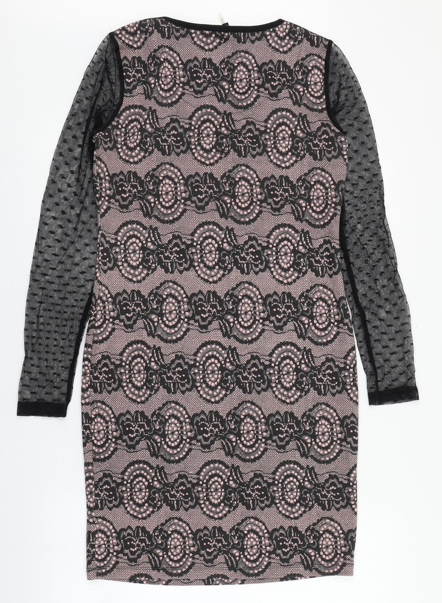 Yest Womens Black Geometric Polyester Pencil Dress  Size 8  Round Neck Pullover - Mesh sleeves