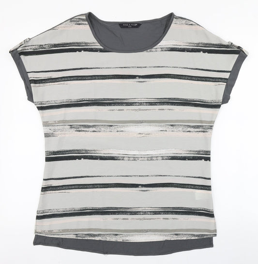 Viz A Viz Womens Grey Striped Polyester Basic Blouse Size 12 Round Neck - Floaty