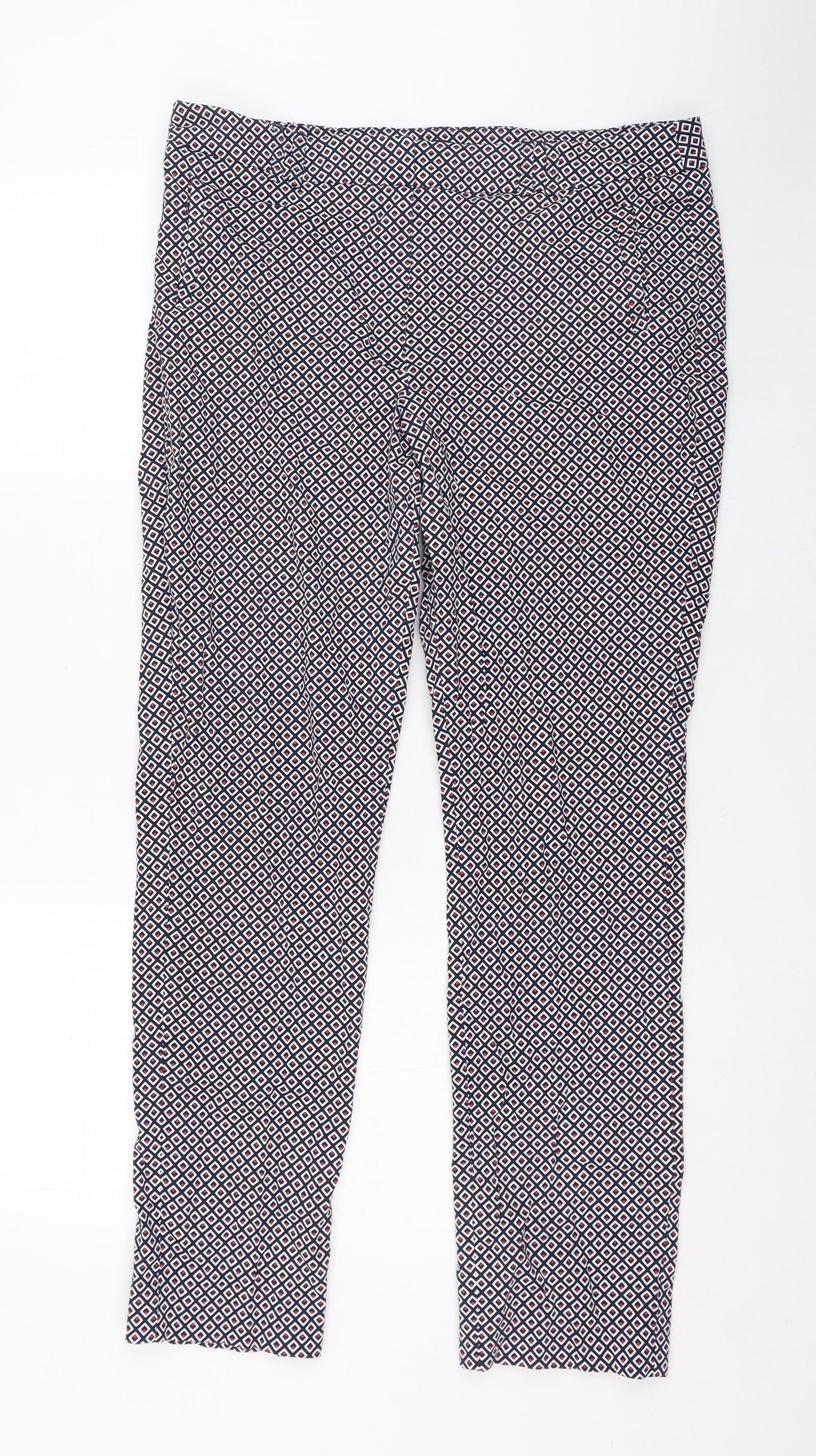 Dunnes Stores Womens Blue Geometric Cotton Carrot Trousers Size 14 L28 in Regular Zip