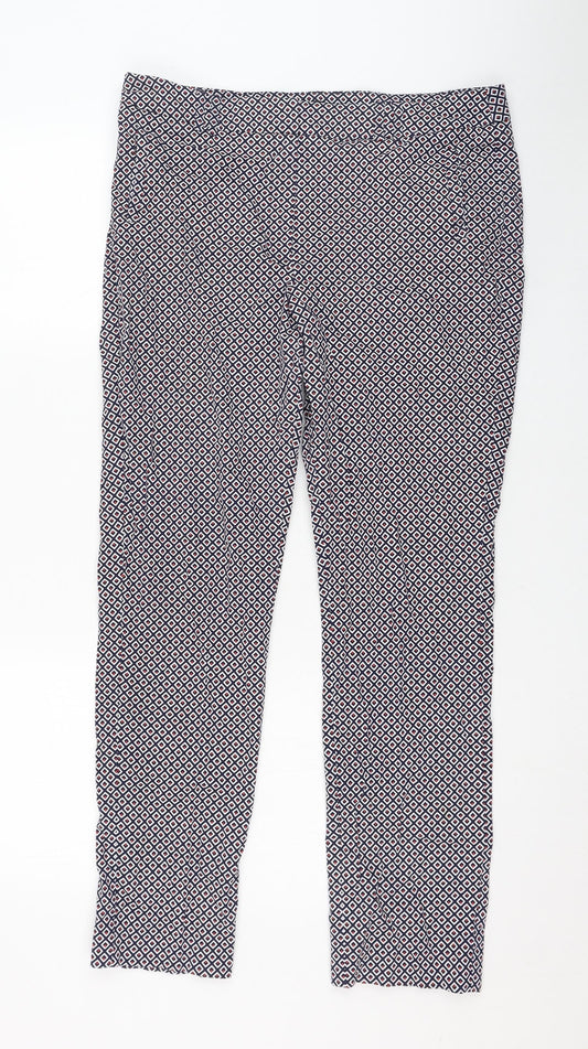 Dunnes Stores Womens Blue Geometric Cotton Carrot Trousers Size 14 L28 in Regular Zip