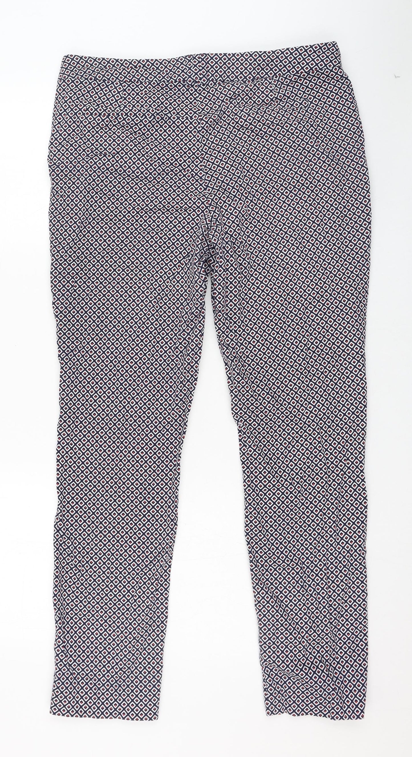 Dunnes Stores Womens Blue Geometric Cotton Carrot Trousers Size 14 L28 in Regular Zip