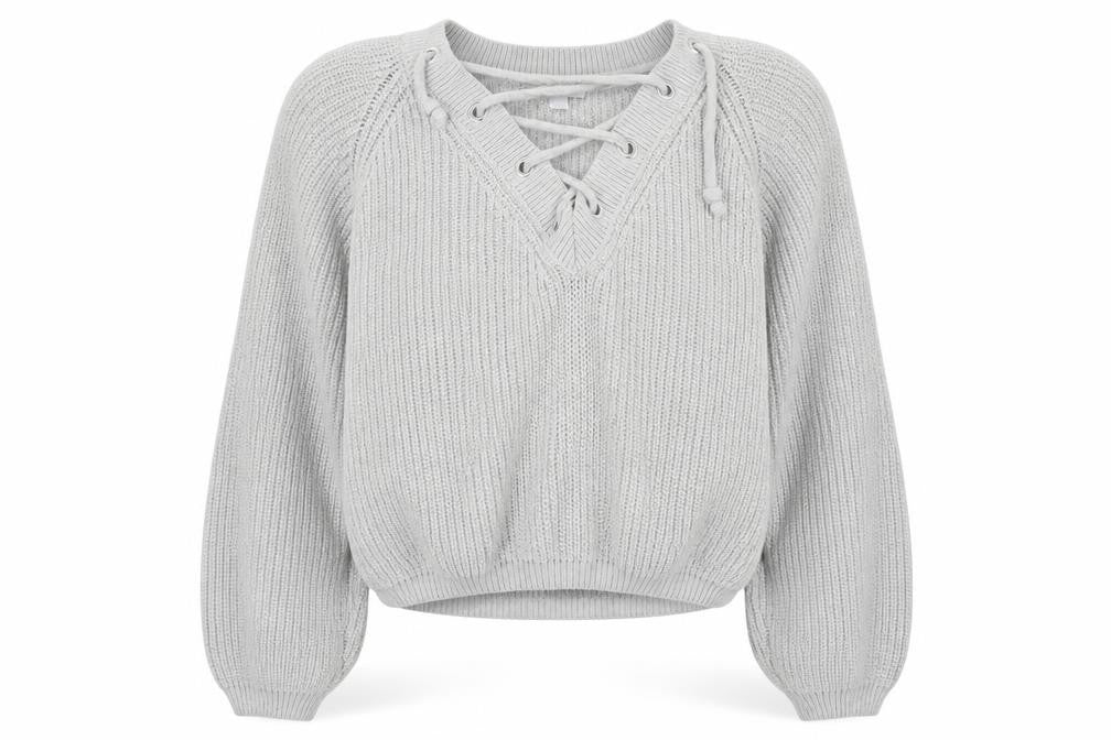 Subdued Womens Grey V-Neck  Cotton Pullover Jumper Size S   - Tie Up Neck
