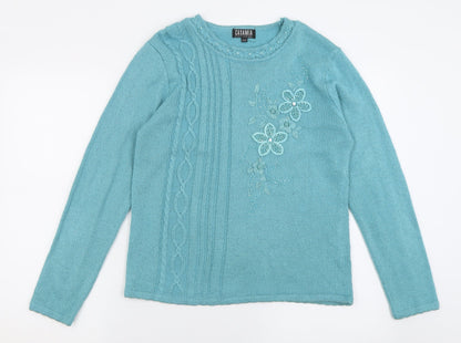 Preloved Casamia Womens Blue Crew Neck Floral Acrylic Pullover Jumper Size S - Front