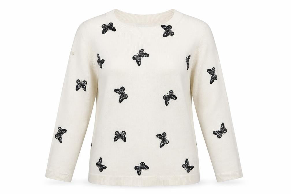 Papaya Womens White Round Neck  Acrylic Pullover Jumper Size 8   - Butterfly