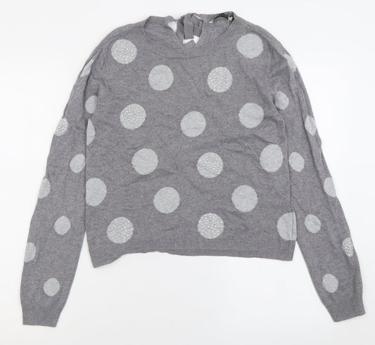 Oasis Womens Grey Crew Neck Polka Dot Cotton Pullover Jumper Size M