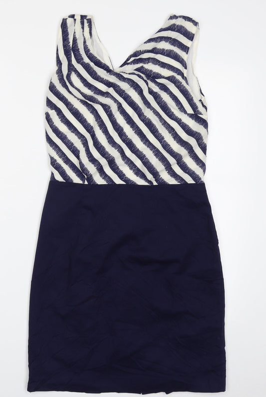 Warehouse Womens Blue Striped Viscose Shift  Size 10  V-Neck Zip