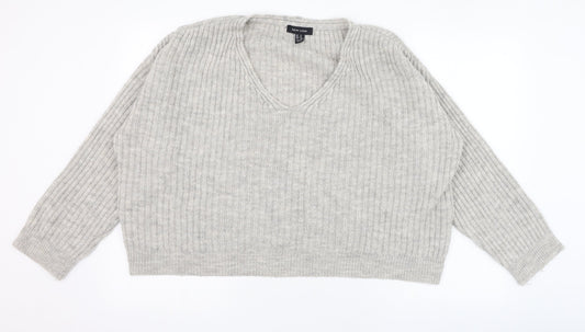 New Look Womens Grey V-Neck  Acrylic Pullover Jumper Size M