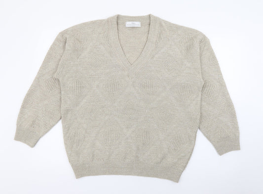 Marks and Spencer Mens Beige V-Neck  Acrylic Pullover Jumper Size M
