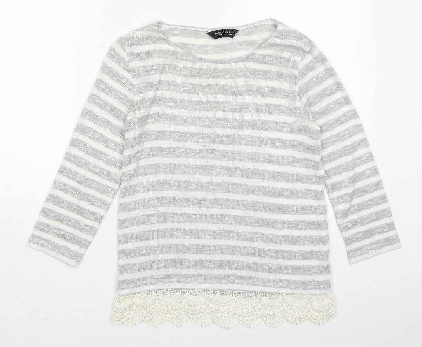 Dorothy Perkins Womens Grey Striped Viscose Basic T-Shirt Size 10 Boat Neck