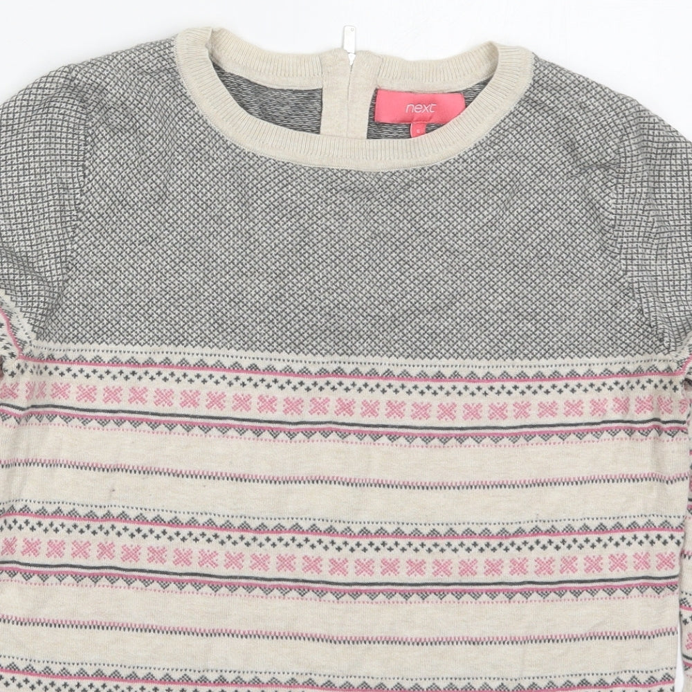 NEXT Womens Beige Crew Neck Geometric Cotton Pullover Jumper Size 6