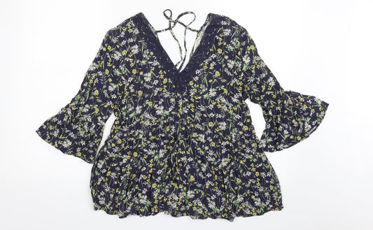 F&F Womens Blue Floral Viscose Basic Blouse Size 8 V-Neck - Tie