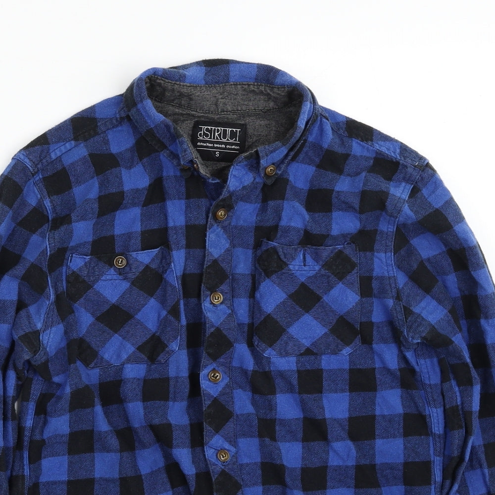 dSTRUCT Mens Blue Check Cotton  Button-Up Size S Collared Button