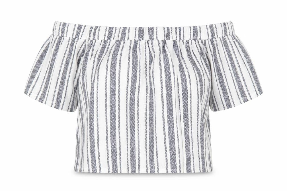 Topshop Womens White Striped Polyester Basic Blouse Size 6 Off the Shoulder