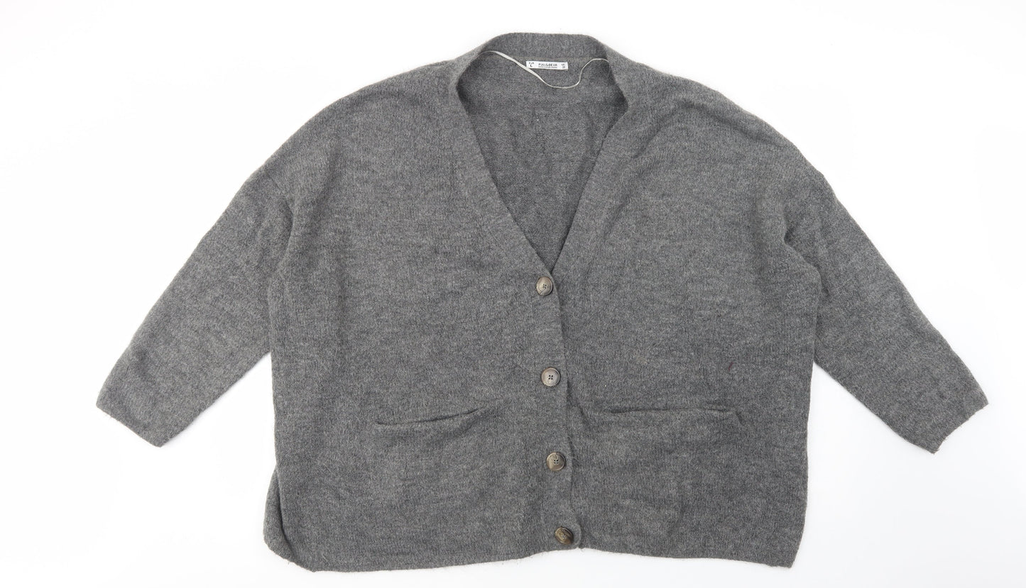 Pull & Bear Womens Grey V-Neck  Acrylic Cardigan Jumper Size L